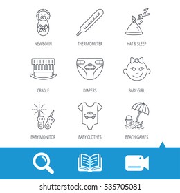 Newborn clothes, diapers and sleep hat icons. Thermometer, baby girl and cradle linear signs. Beach games, monitoring flat line icons. Video cam, book and magnifier search icons. Vector