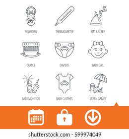 Newborn clothes, diapers and sleep hat icons. Thermometer, baby girl and cradle linear signs. Beach games, monitoring flat line icons. Download arrow, locker and calendar web icons. Vector