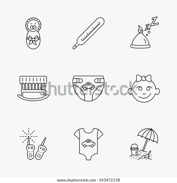 Newborn clothes,\
diapers and sleep hat icons. Thermometer, baby girl and cradle\
linear signs. Beach games, monitoring flat line icons. Linear black\
icons on white\
background.