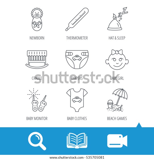 Newborn\
clothes, diapers and sleep hat icons. Thermometer, baby girl and\
cradle linear signs. Beach games, monitoring flat line icons. Video\
cam, book and magnifier search icons.\
Vector
