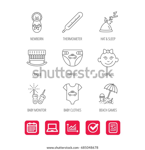 Newborn clothes, diapers and sleep hat icons.\
Thermometer, baby girl and cradle linear signs. Beach games,\
monitoring flat line icons. Report document, Graph chart and\
Calendar signs. Vector