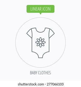 Newborn clothes icon. Baby shirt wear sign. Flower symbol. Linear outline circle button. Vector