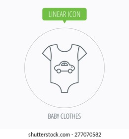 Newborn clothes icon. Baby shirt wear sign. Car symbol. Linear outline circle button. Vector
