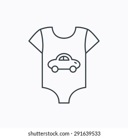 Newborn clothes icon. Baby shirt wear sign. Car symbol. Linear outline icon on white background. Vector