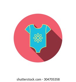 Newborn clothes icon. Baby shirt wear sign. Flower symbol. Red flat circle button. Linear icon with shadow. Vector