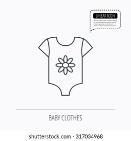 Newborn clothes icon. Baby shirt wear sign. Flower symbol. Linear outline icon. Speech bubble of dotted line. Vector