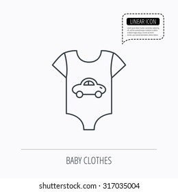 Newborn clothes icon. Baby shirt wear sign. Car symbol. Linear outline icon. Speech bubble of dotted line. Vector