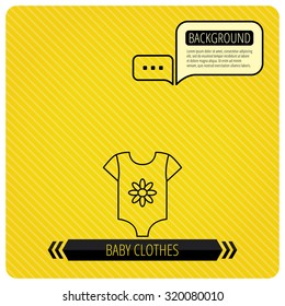 Newborn clothes icon. Baby shirt wear sign. Flower symbol. Chat speech bubbles. Orange line background. Vector