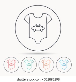 Newborn clothes icon. Baby shirt wear sign. Car symbol. Linear circle icons.