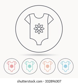 Newborn clothes icon. Baby shirt wear sign. Flower symbol. Linear circle icons.