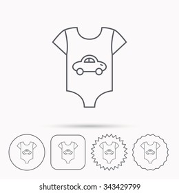 Newborn clothes icon. Baby shirt wear sign. Car symbol. Linear circle, square and star buttons with icons.