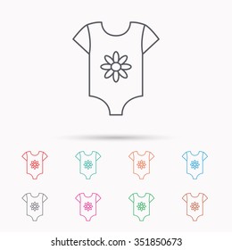 Newborn clothes icon. Baby shirt wear sign. Flower symbol. Linear icons on white background.