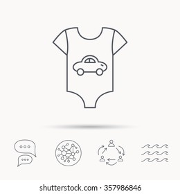 Newborn clothes icon. Baby shirt wear sign. Car symbol. Global connect network, ocean wave and chat dialog icons. Teamwork symbol.