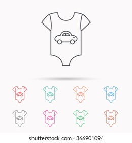 Newborn clothes icon. Baby shirt wear sign. Car symbol. Linear icons on white background.