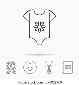 Newborn clothes icon. Baby shirt wear sign. Flower symbol. Download arrow, lamp, learn book and award medal icons.