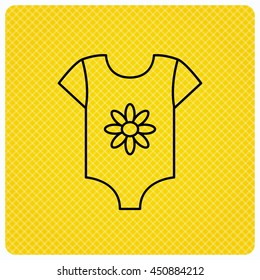 Newborn clothes icon. Baby shirt wear sign. Flower symbol. Linear icon on orange background. Vector