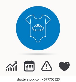 Newborn clothes icon. Baby shirt wear sign. Car symbol. Calendar, attention sign and growth chart. Button with web icon. Vector