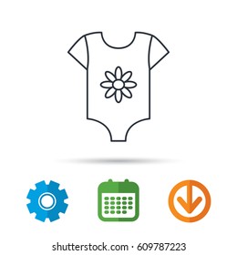 Newborn clothes icon. Baby shirt wear sign. Flower symbol. Calendar, cogwheel and download arrow signs. Colored flat web icons. Vector