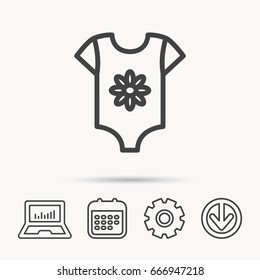 Newborn clothes icon. Baby shirt wear sign. Flower symbol. Notebook, Calendar and Cogwheel signs. Download arrow web icon. Vector