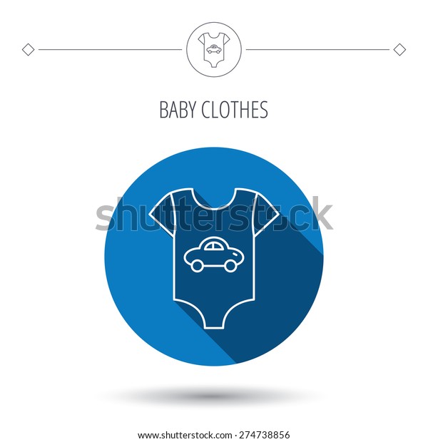 Newborn clothes\
icon. Baby shirt wear sign. Car symbol. Blue flat circle button.\
Linear icon with shadow.\
Vector