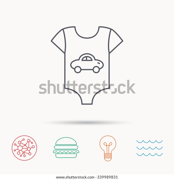 Newborn clothes icon. Baby shirt wear sign. Car\
symbol. Global connect network, ocean wave and burger icons.\
Lightbulb lamp symbol.