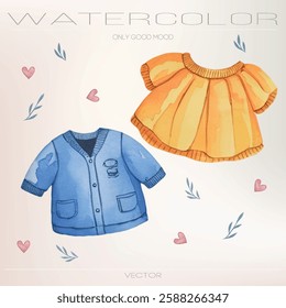 Newborn clothing set in watercolor. Soft fabric textures and pastel shades.