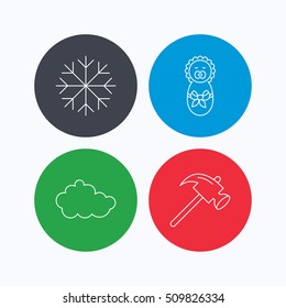 Newborn, cloud and snowflake icons. Hammer linear sign. Linear icons on colored buttons. Flat web symbols. Vector