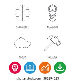 Newborn, cloud and snowflake icons. Hammer linear sign. Award medal, growth chart and opened book web icons. Download arrow. Vector