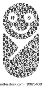 Newborn composition of dollar symbols and spheric spots. Vector banking pictograms are combined into newborn collage.