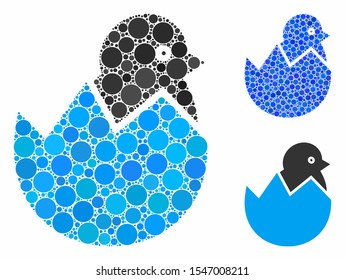 Newborn composition of filled circles in variable sizes and color tinges, based on newborn icon. Vector filled circles are united into blue mosaic. Dotted newborn icon in usual and blue versions.