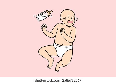 Newborn is crying due to lack of breast milk and use of baby food with chemicals. Hysteria of newborn baby in diaper, in need of maternal affection or replacement bottle with pacifier