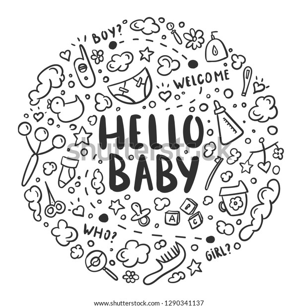 Newborn  cute\
doodle round illustration.Baby care,feeding,toys,health care\
stuff,accessories.Vector drawings\
isolated.