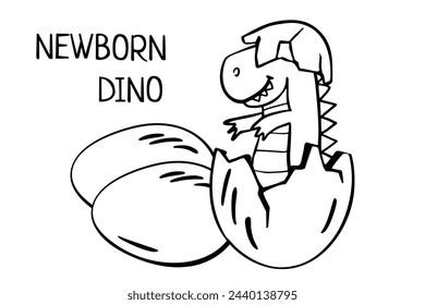 newborn dinosaur hatched from an egg. baby cartoon outline tyrannosaur isolated on white for children's illustrations, print on T-shirt, poster in children's room, funny baby character, Stickers