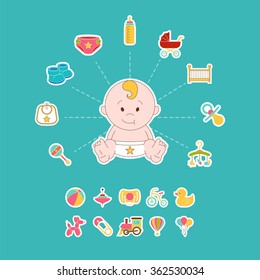Newborn Doodle Elements Set. Smiled Baby Vector Illustration. Happy Kids. Child print