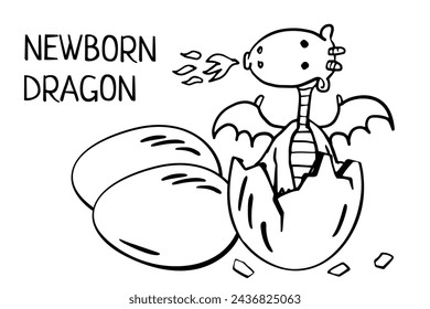 newborn dragon hatched from an egg. baby dragon isolated on white for children's illustrations, print on T-shirt, poster in children's room, funny baby character, Stickers, greeting card
