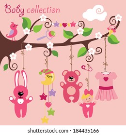 Newborn elements for Baby girl hanging on the rope in the tree branches.Cartoon Baby collection. Bib,dress,Teddy-bear ,bunny,toy pendant,pin,mobile,doll,pin,dummy for girls .Funny vector Illustration.
