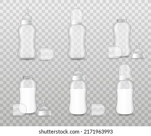 Juego de botellas de plástico o vidrio vacías de recién nacido, ilustración vectorial 3d realista aislada en fondo transparente. Varios alimentadores de bebé con taza, pacificador y con tapa y pezón extraíbles. Botella de leche.