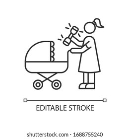 Newborn experience pixel perfect linear icon. Woman with rattle toy. Mother with baby stroller. Thin line customizable illustration. Contour symbol. Vector isolated outline drawing. Editable stroke