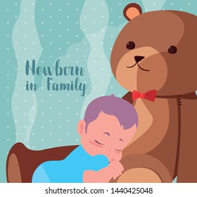 newborn in family card with baby boy sleeping and teddy bear