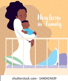 newborn in family card with mom afro and baby sleeping in crib