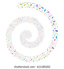 Newborn festival concentric spiral. Vector bright multicolored random symbols.