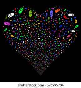 Newborn fireworks with heart shape. Vector illustration style is flat bright multicolored iconic symbols on a black background. Object valentine heart made from scattered design elements.