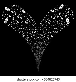 Newborn fireworks stream. Vector illustration style is flat white iconic symbols on a black background. Object double fountain constructed from random pictograms.