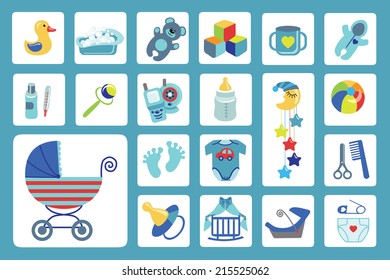 Ã?Â??ute Newborn flat icons set for Baby boy.Baby shower  cartoon design elements.For web and mobile phone.New born baby infographic.Vector