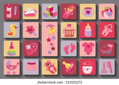 Ã?Â??ute Newborn flat icons set for Baby girl.Square icons with long shadow.Baby shower  cartoon design elements.For web and mobile phone.New born baby infographic.Vector