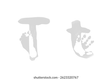 Newborn foot and hand prints. Family monogram, letter T on white background