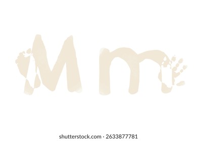 Newborn foot and hand prints. Family monogram, letter M on white background