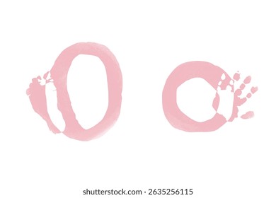 Newborn foot and hand prints. Family monogram, letter O on white background