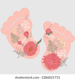 Newborn footprint with flowers. The concept of birth, motherhood. Suitable for poster, tag, postcard, invitation and more