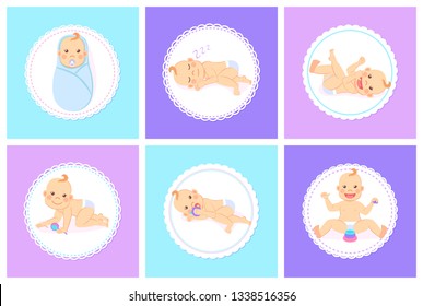 Newborn with forelock, sleeping or lying kid, playing with toys. Portrait view of child in diaper and nipple, toddler character in round, baby set vector